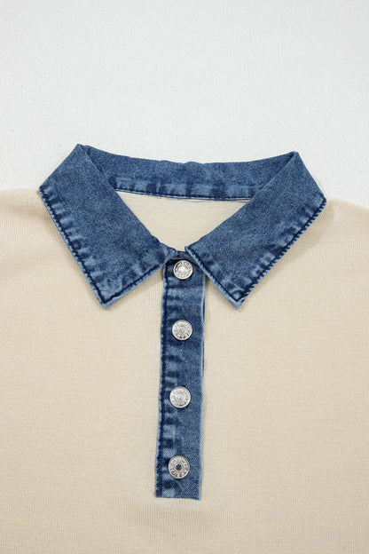 Denim Patchwork Polo Collar Short Sleeve Sweater