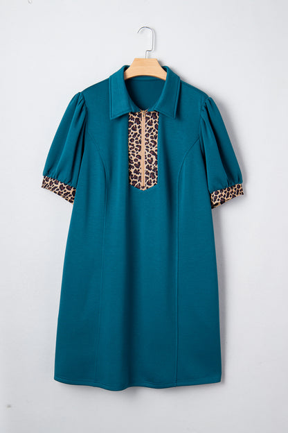 Plus Size Leopard Patchwork Quarter-Zip Collared Dress