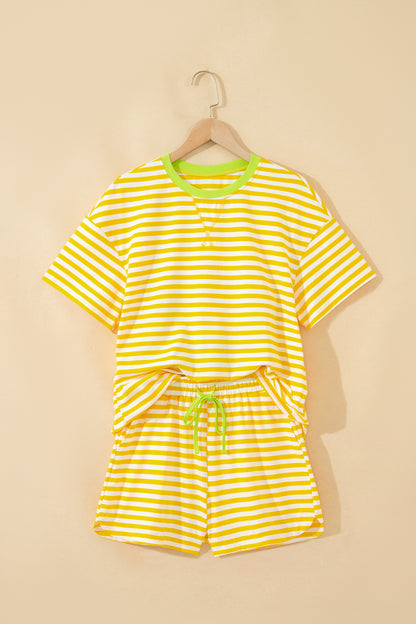 Stripe Contrast Trim Tee & Drawstring Shorts Set