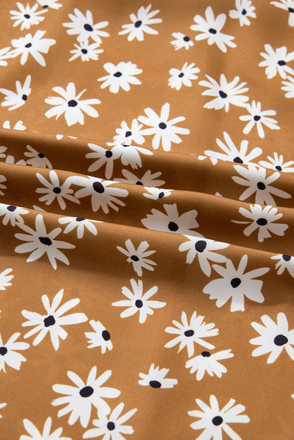 Plus Size Floral Split Neck Button Puff Sleeve Dress