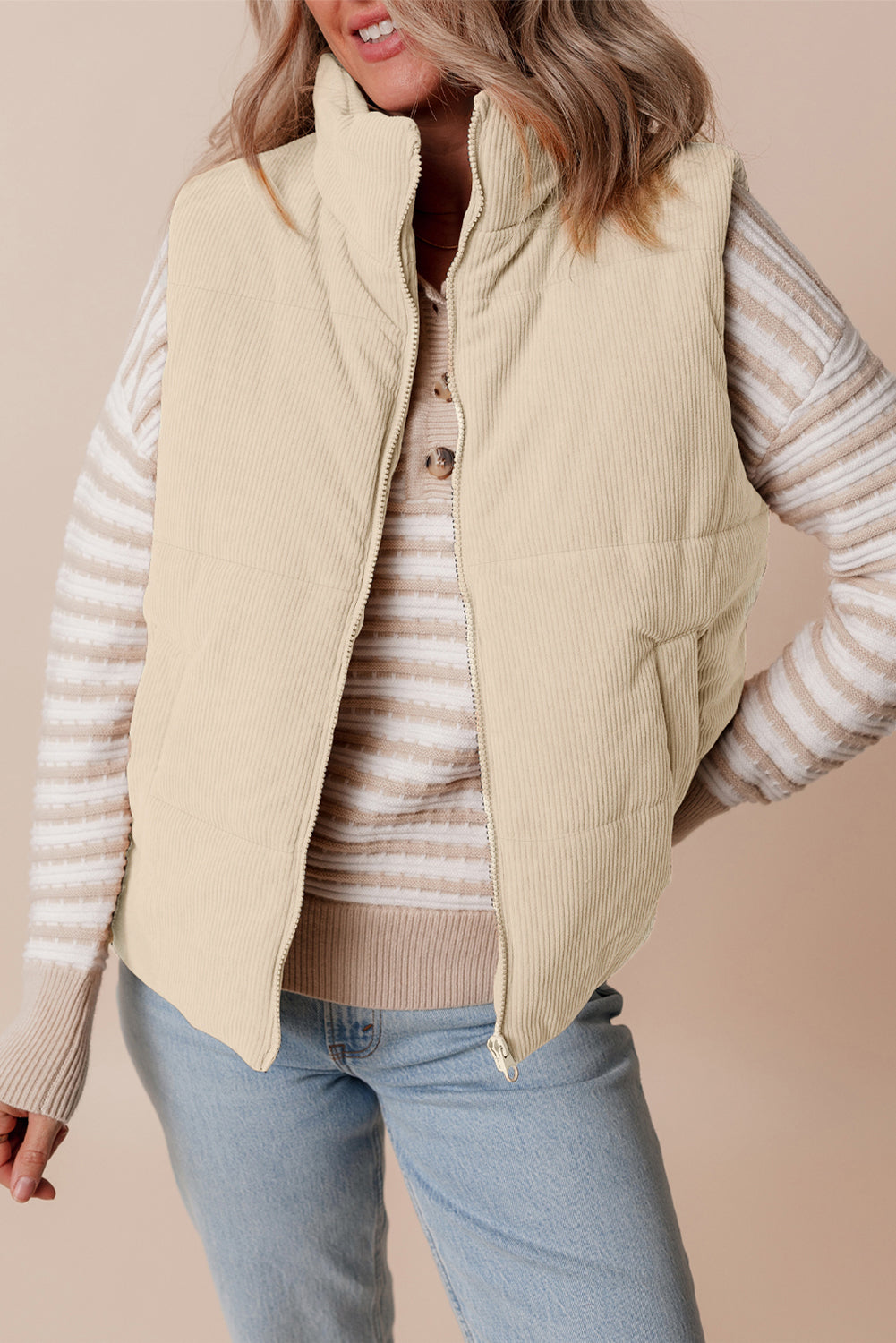 Corduroy Stand Neck Zipped Puffer Vest