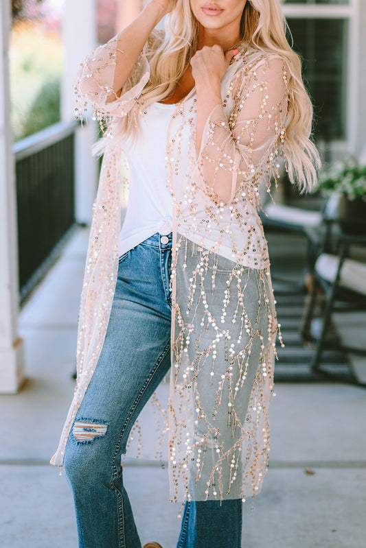 Sequin Sheer 3/4 Sleeve Kimono