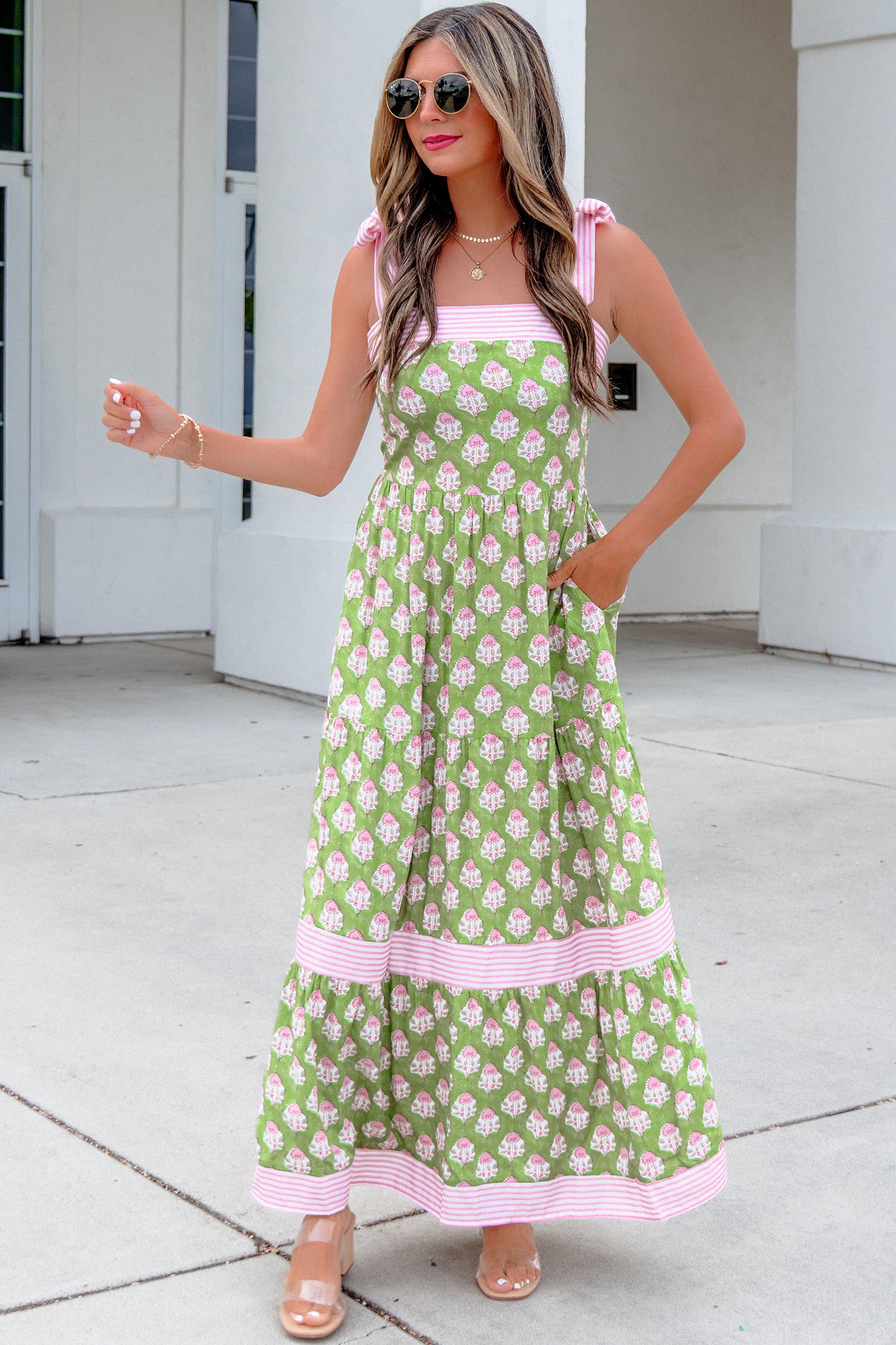 Floral Stripe Patchwork Knot Strap Maxi Dress