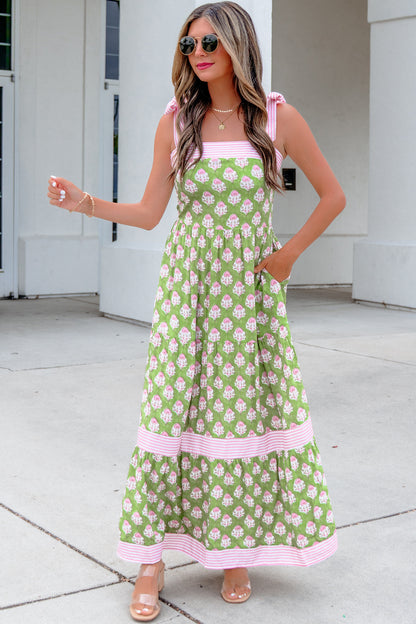 Floral Stripe Patchwork Knot Strap Maxi Dress