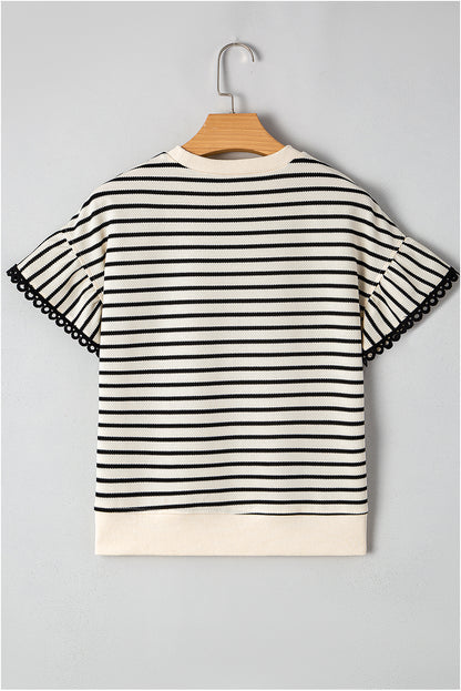 Stripe Scallop Lace Trim Ruffle Short Sleeve Top