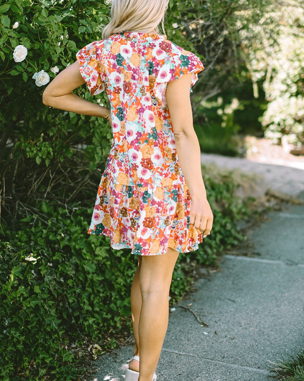 Floral Flutter Sleeve V-Neck Dress