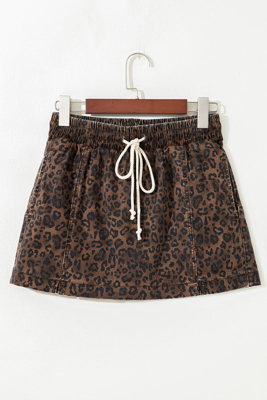 Leopard Denim Drawstring Elastic Waist Skort