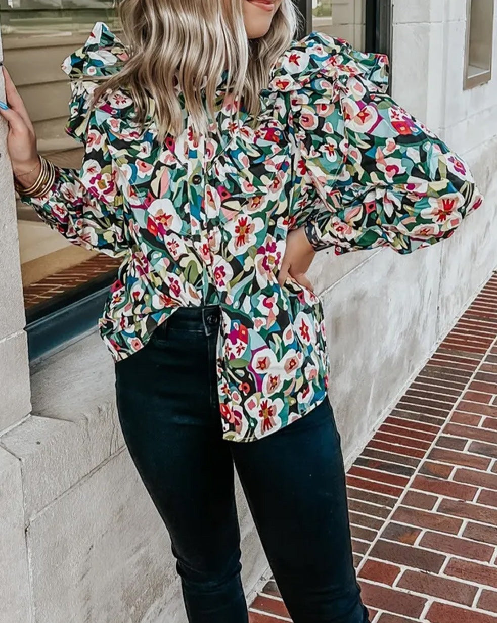 Floral Ruffle Long Sleeve Shirt