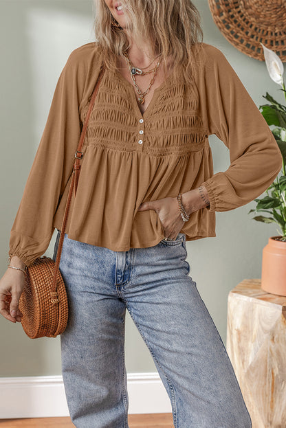 Solid Smocked Split V-Neck Buttoned Blouse