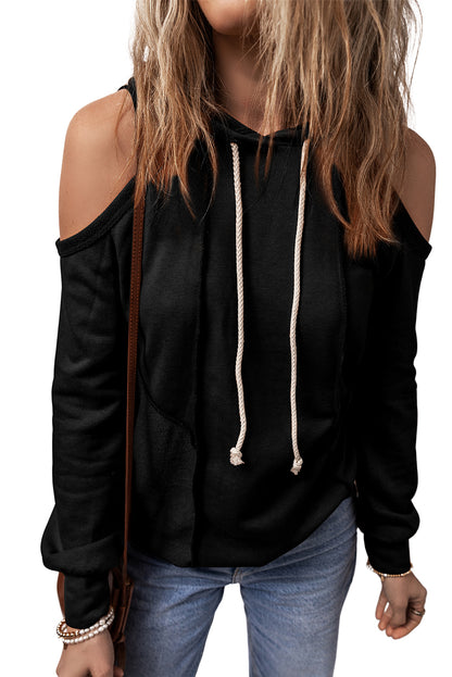 Cold Shoulder Drawstring Hoodie