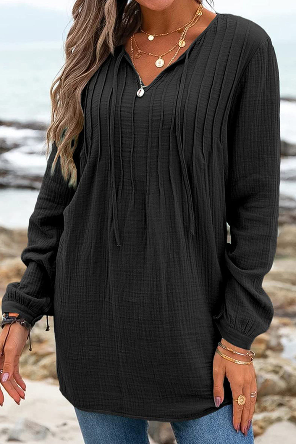 Pleated Gauze Tunic Top