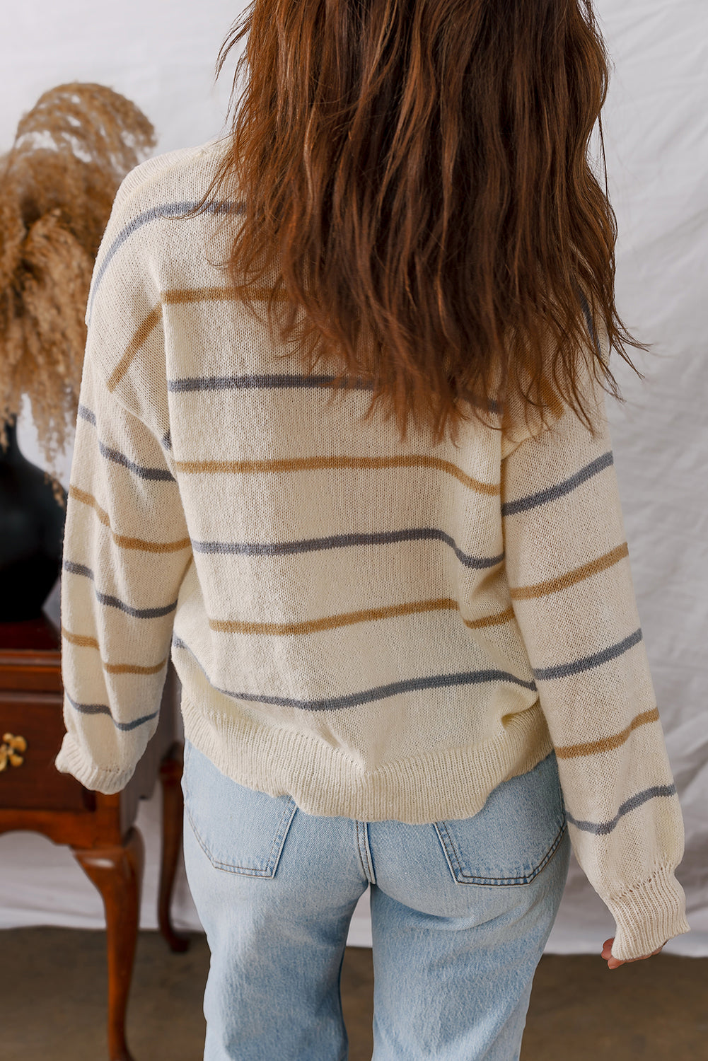Stripe Buttoned V-Neck Cardigan Sweater