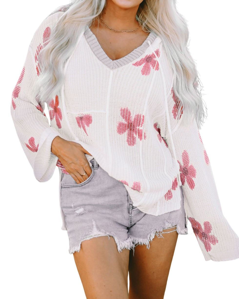 Floral Hooded V-Neck Sweater