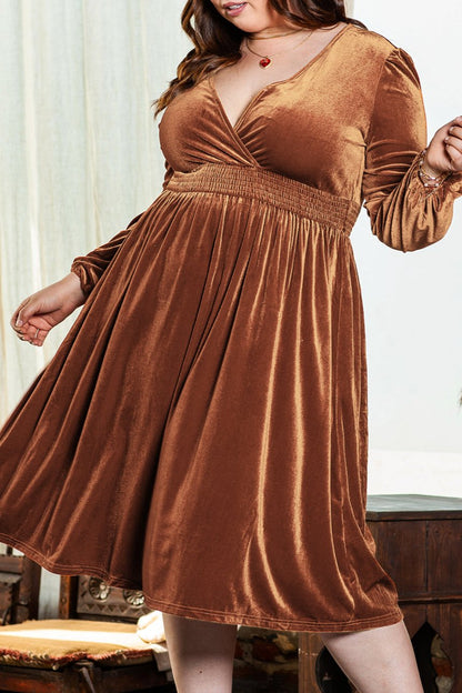 Plus Size Puff Sleeve V-Neck Midi Dress