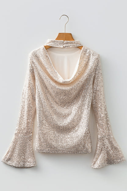 Solid Sequin Backless Bell Sleeve Top