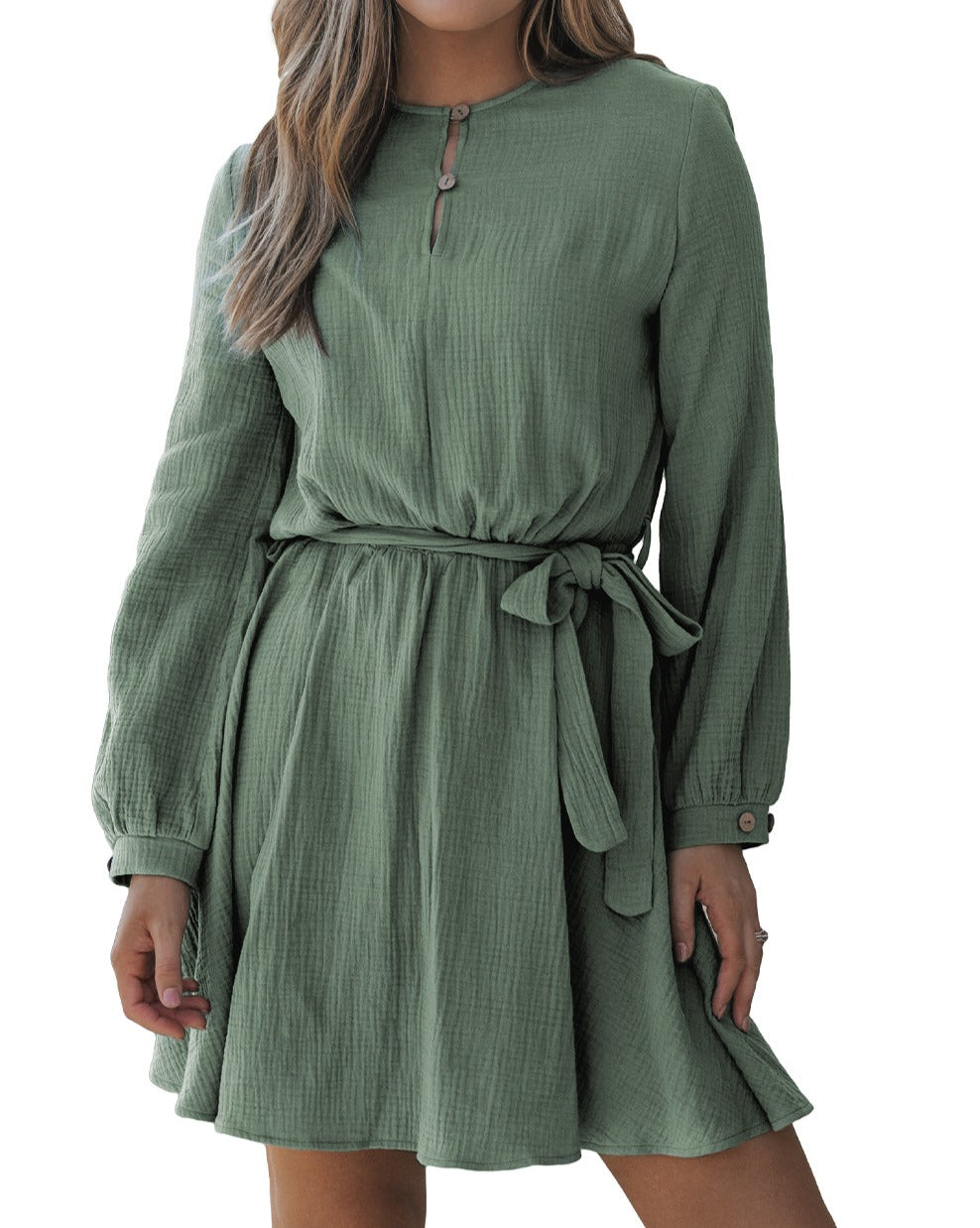 Gauze Puff Sleeve Belted Dress