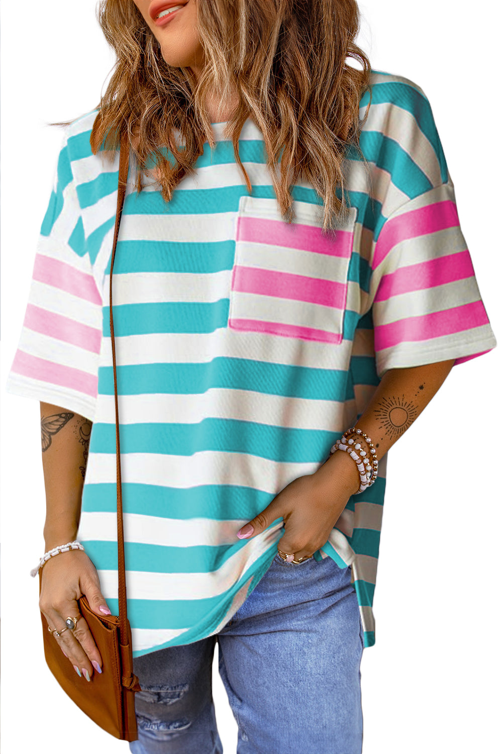 Stripe Contrast Drop Sleeve T-Shirt