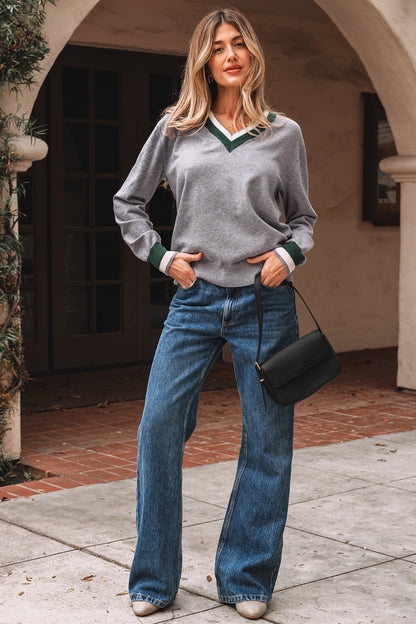 Varsity Stripe Contrast Trim V-Neck Sweater