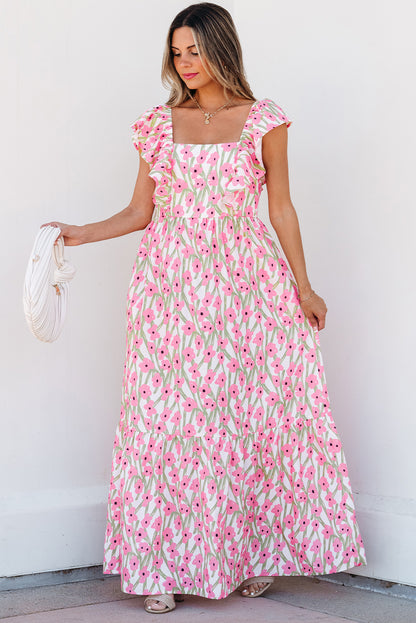 Floral Square Neck Ruffle Strap Maxi Dress