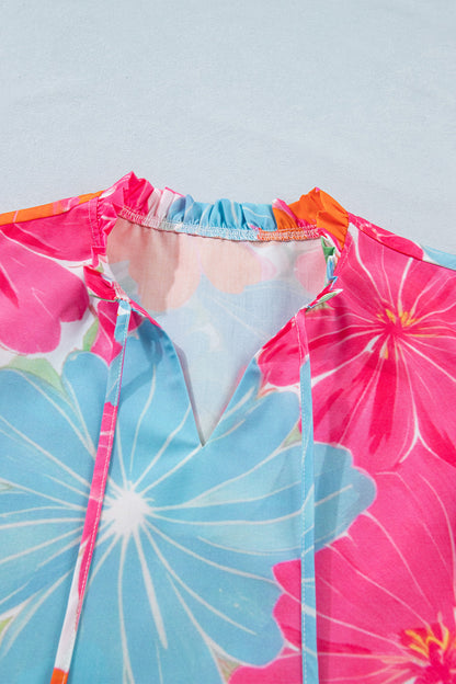 Floral Ruffle Tied V-Neck Flutter Sleeve Blouse