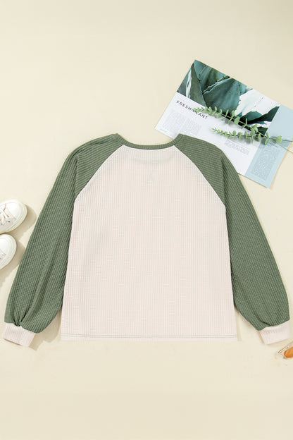 Plus Size Colorblock Waffle Knit Long Sleeve Top