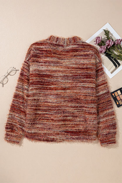 Stripe Fuzzy Button Front Cardigan Sweater