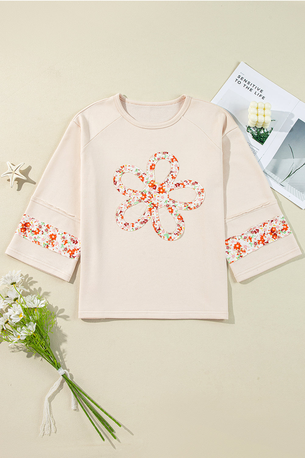 Floral Patchwork Wide 3/4 Sleeve Top