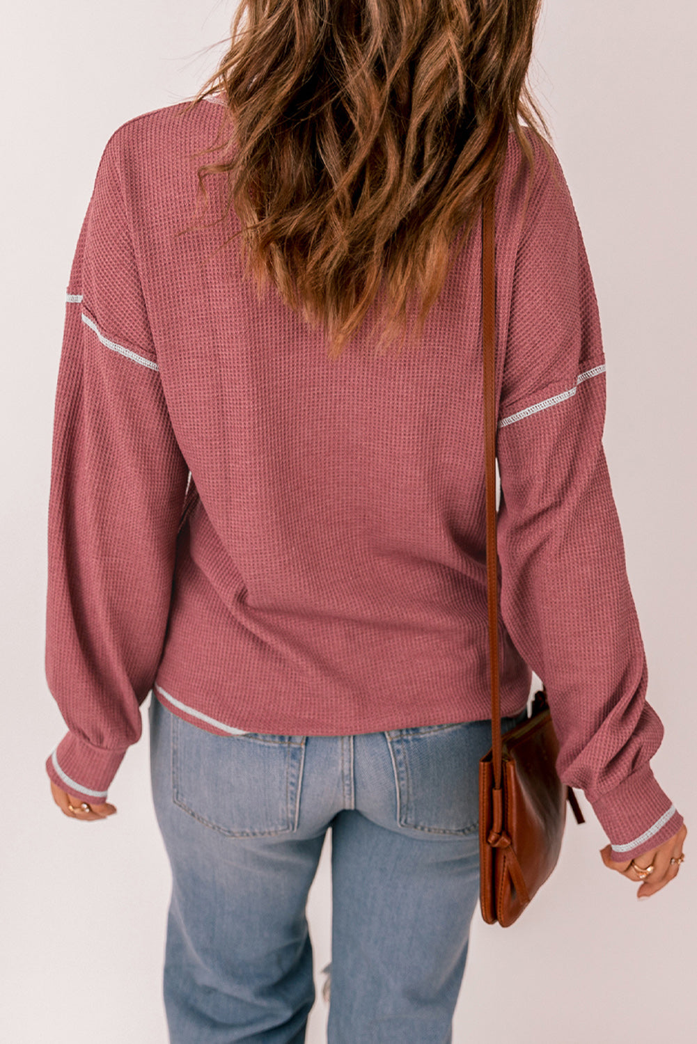 Waffle Contrast Stitching Pocketed Pullover