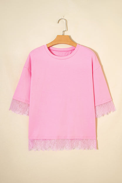 Floral Eyelash Lace Patchwork 3/4 Sleeve Tee