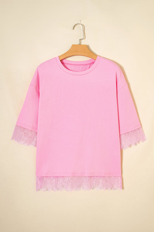 Floral Eyelash Lace Patchwork 3/4 Sleeve Tee