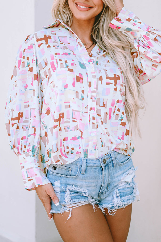 Abstract Lantern Sleeve Buttoned Shirt