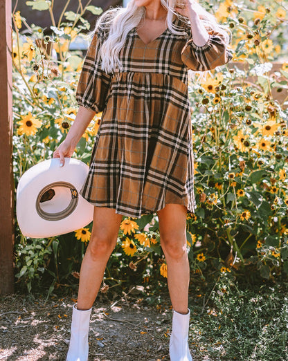 Plaid Puff Sleeve Babydoll Dress