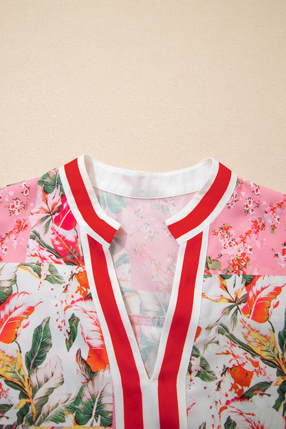 Floral Colorblock Trim V-Neck Ruffle Mini Dress