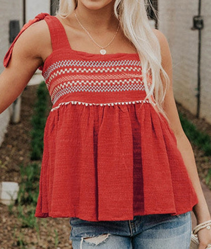 NEW! Embroidered Babydoll Tie Strap Tank