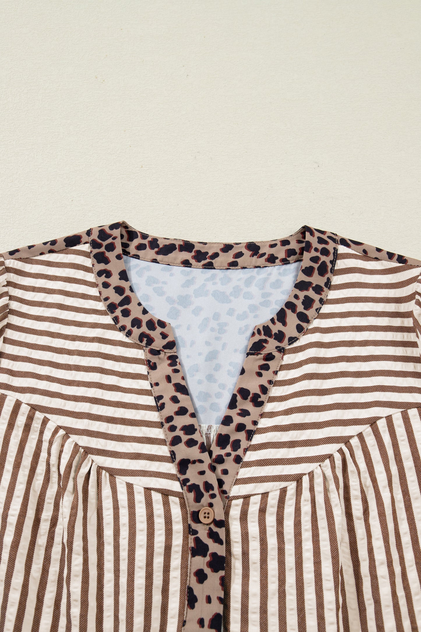 Stripe Leopard Trim V-Neck Buttoned Short Sleeve Shirt