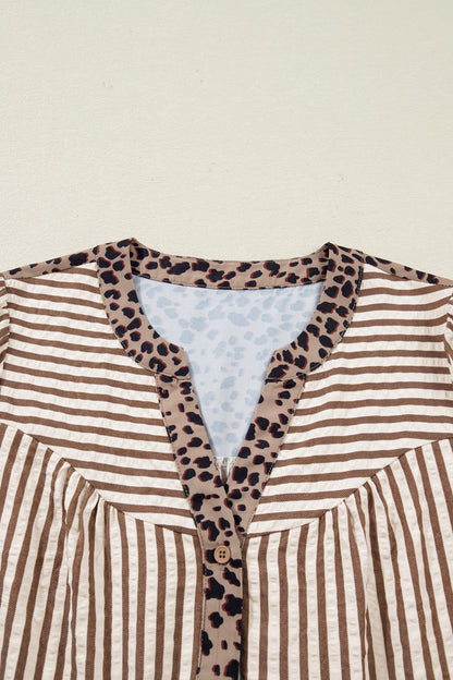 Stripe Leopard Trim V-Neck Buttoned Short Sleeve Shirt