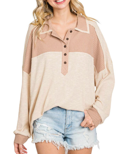 Waffle Colorblock Collared Oversized Top