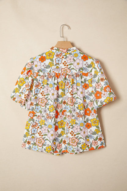 Boho Floral Crochet V-Neck Puff Sleeve Blouse
