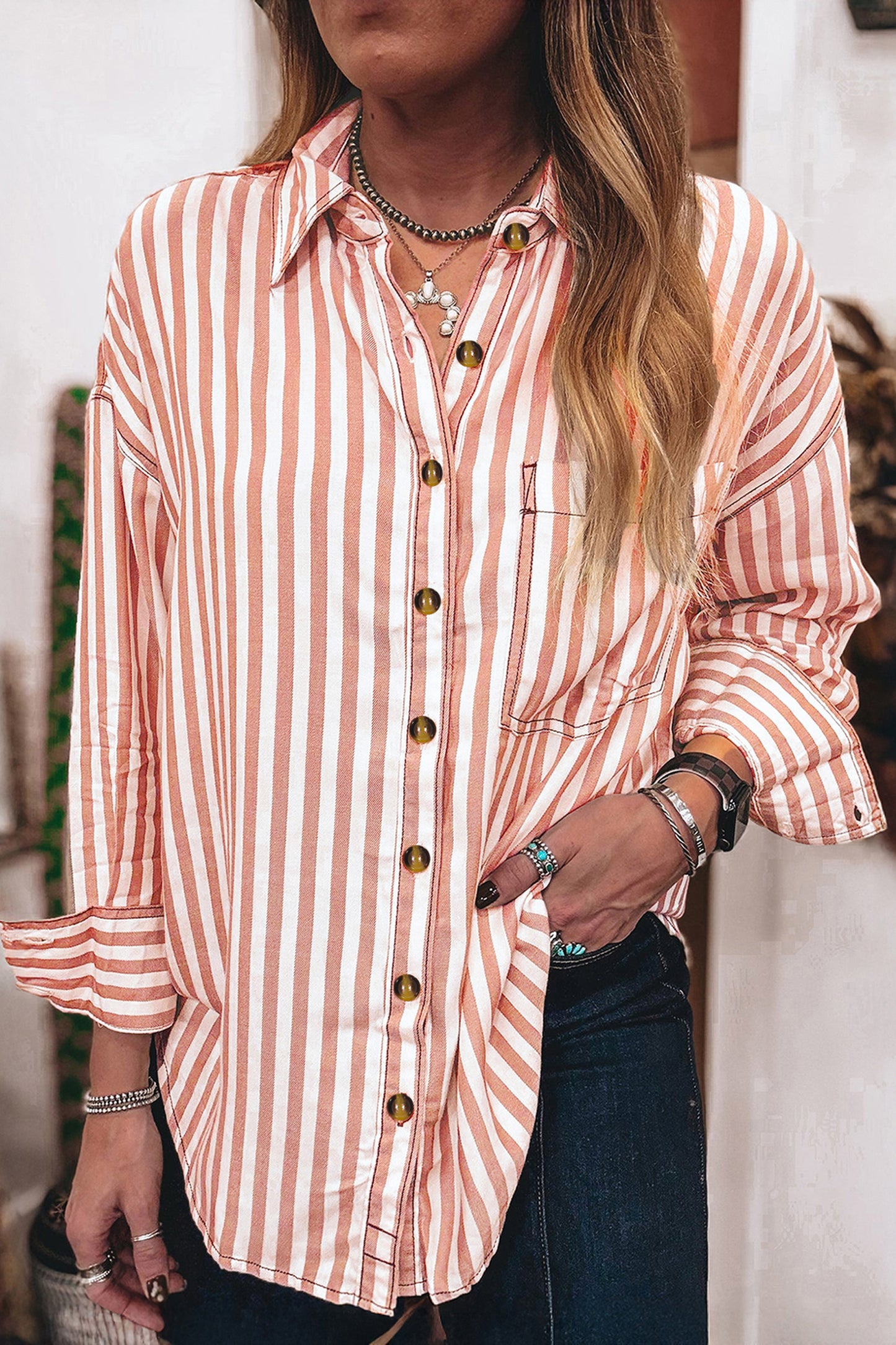 Western Stripe Button Down Long Sleeve Shirt
