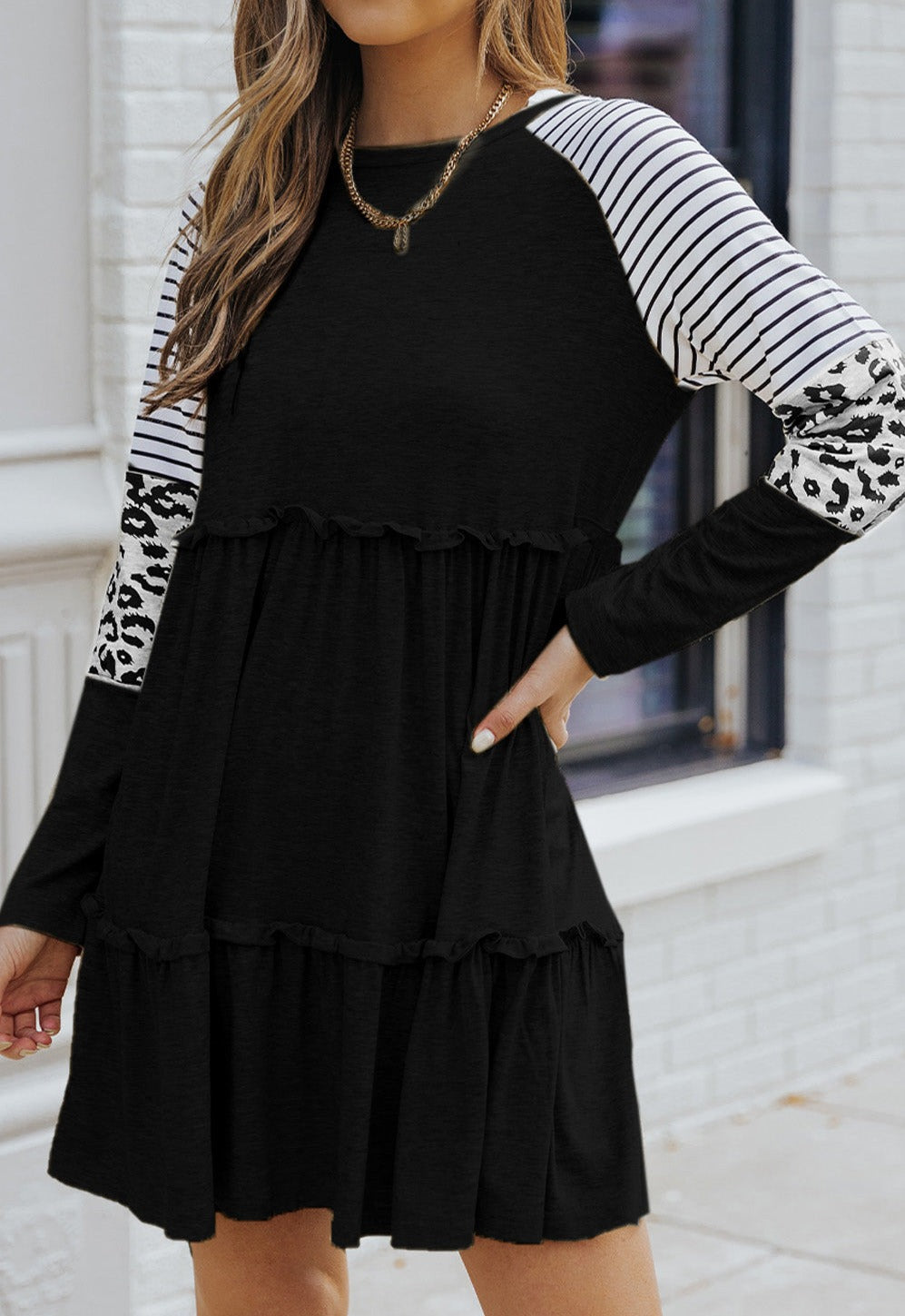 Striped Leopard Long Sleeve Dress