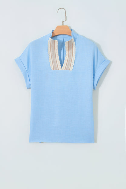 Crochet Lace Trim Rolled Short Sleeve Blouse
