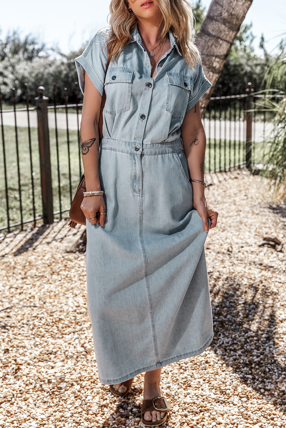 Denim Batwing Sleeve Buttoned Dress