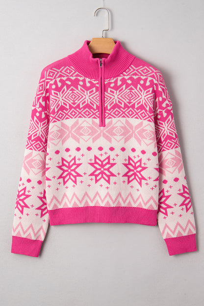 Geometric Christmas Snowflake Quarter Zip Collar Sweater