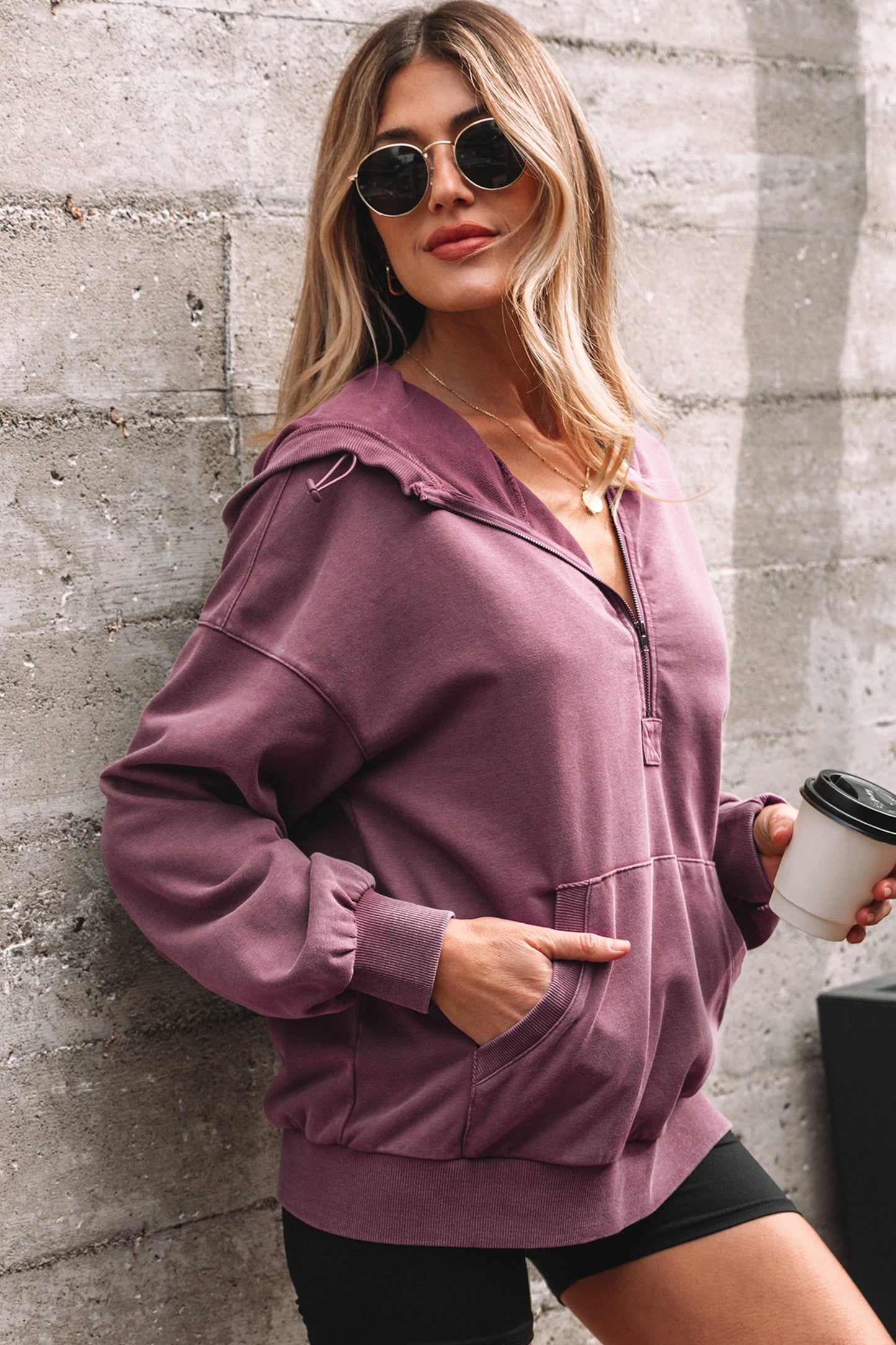 Solid Half-Zip Kangaroo Pocket Baggy Hoodie