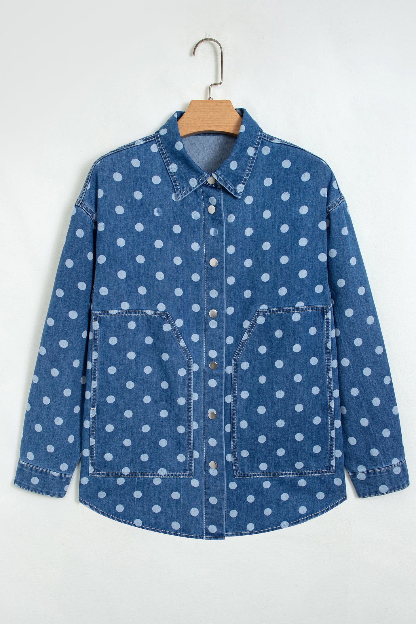 Polka Dot Denim Collared Button Up Jacket