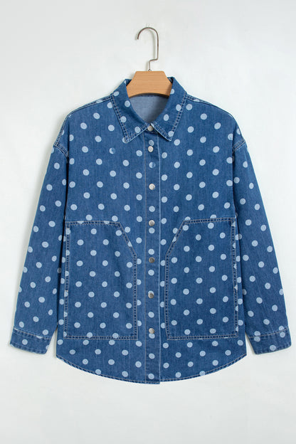 Polka Dot Denim Collared Button Up Jacket