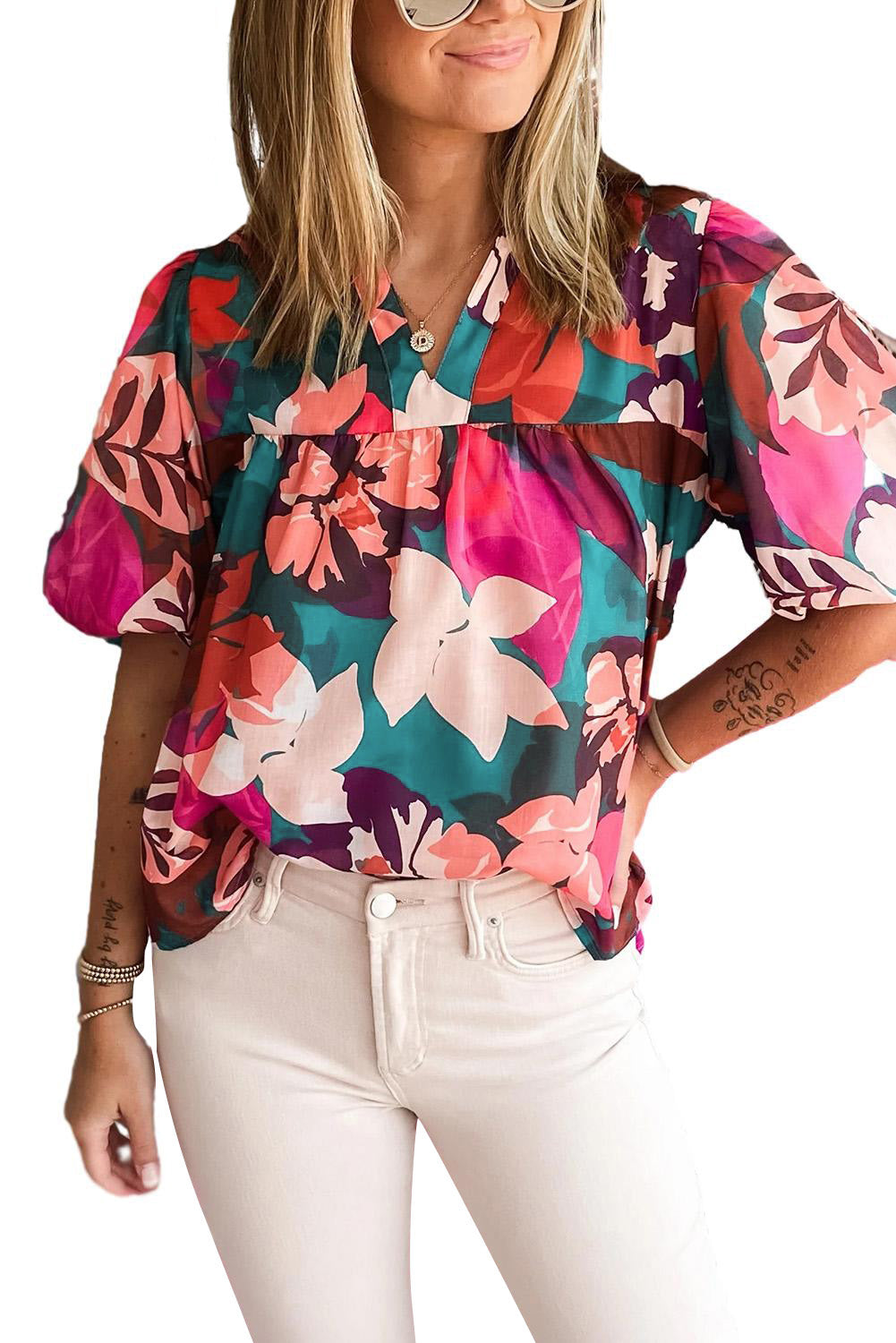 Floral Notched V-Neck Blouse