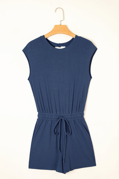 Solid Open Back Cap Sleeve Knit Romper