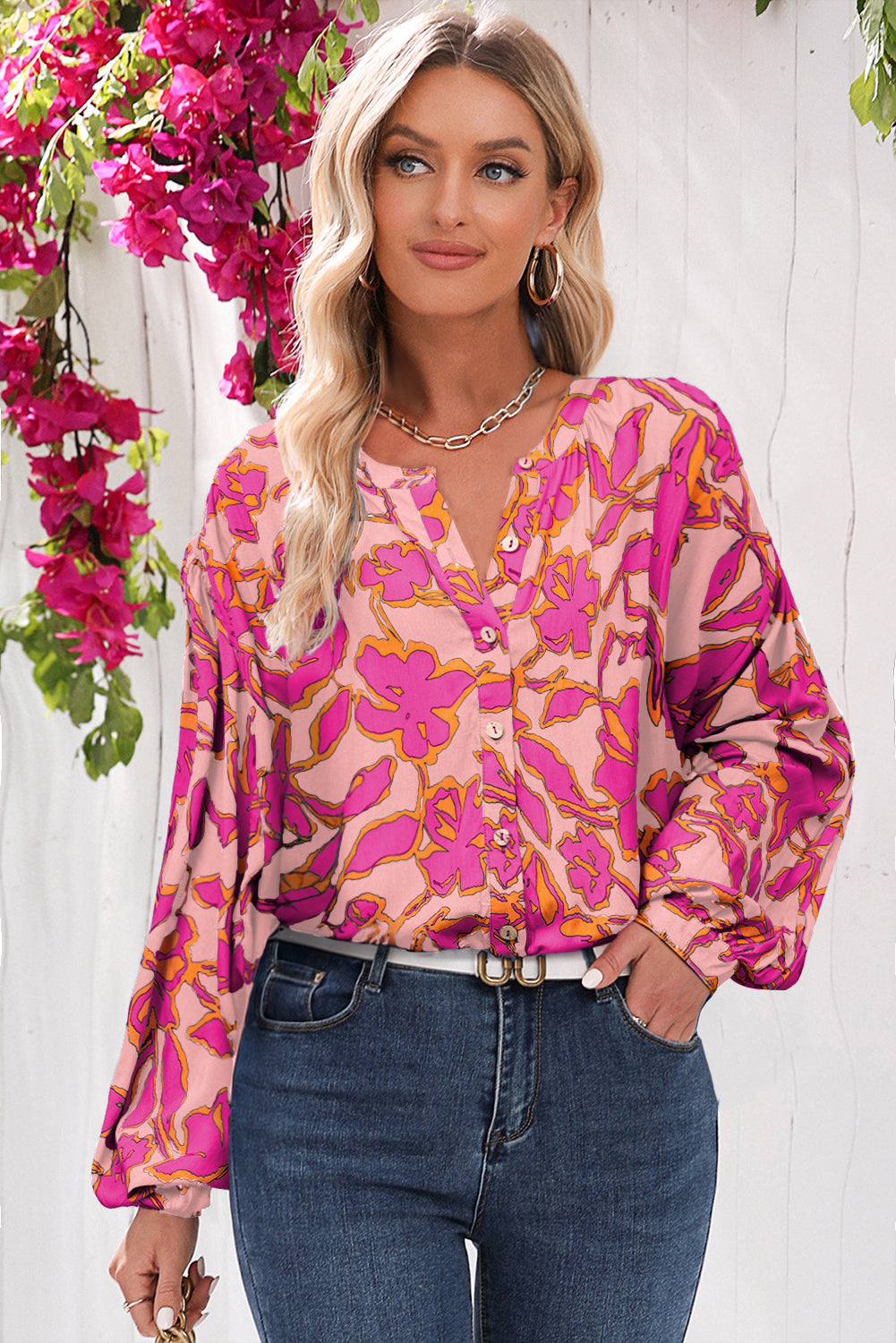 Floral Batwing Sleeve Button-Up Shirt