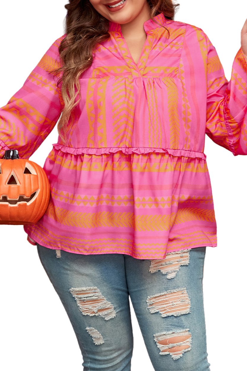 Geometric Embroidered Bell Sleeve Blouse Plus Size